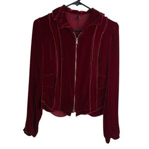 Inzio Womens Crushed Velvet Top Red Full Zip Long Sleeve Italy *Flaw